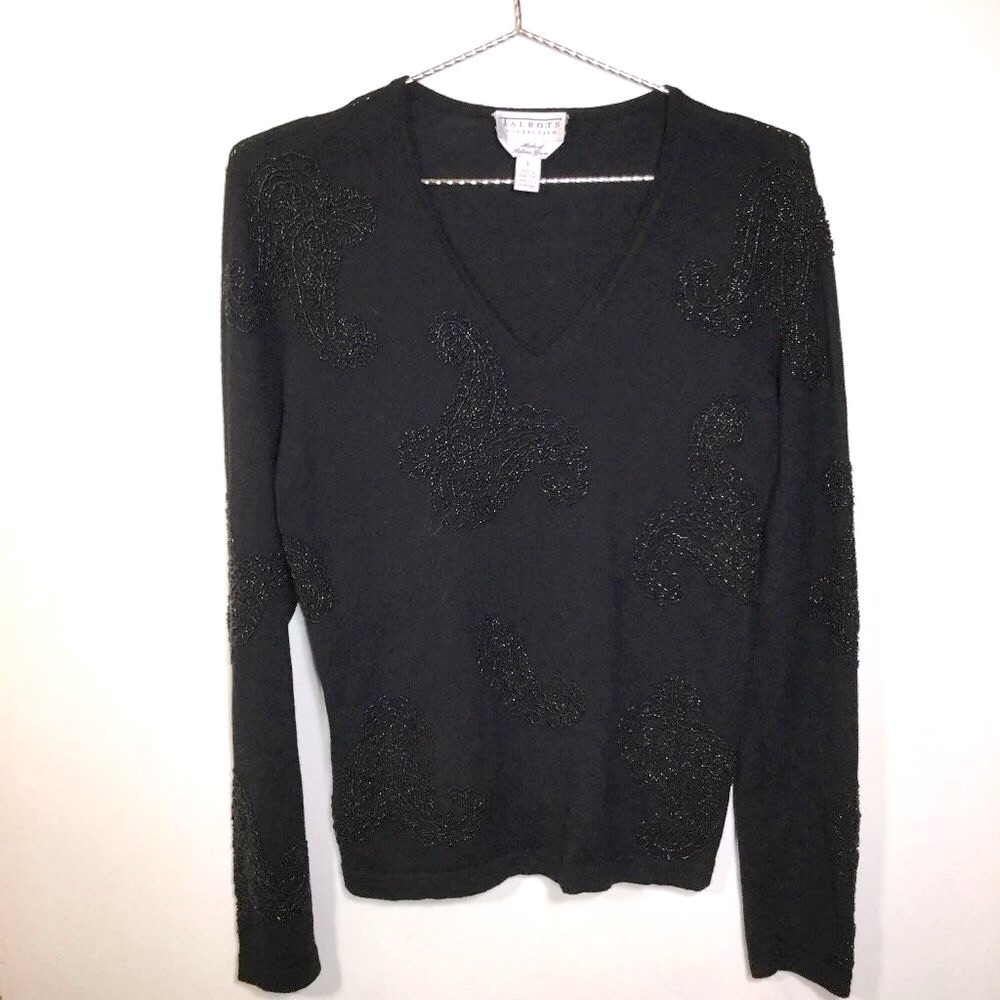 Talbots Black on Black Beaded 100% Wool Sweater Sz L